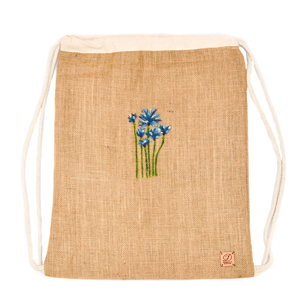 Wildflower Hand-Painted Jute Drawstring Bag