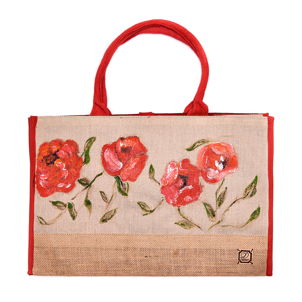 Red Peonies Hand-Painted Jute Tote