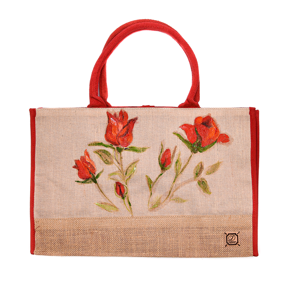 Red Roses Hand-Painted Jute Tote