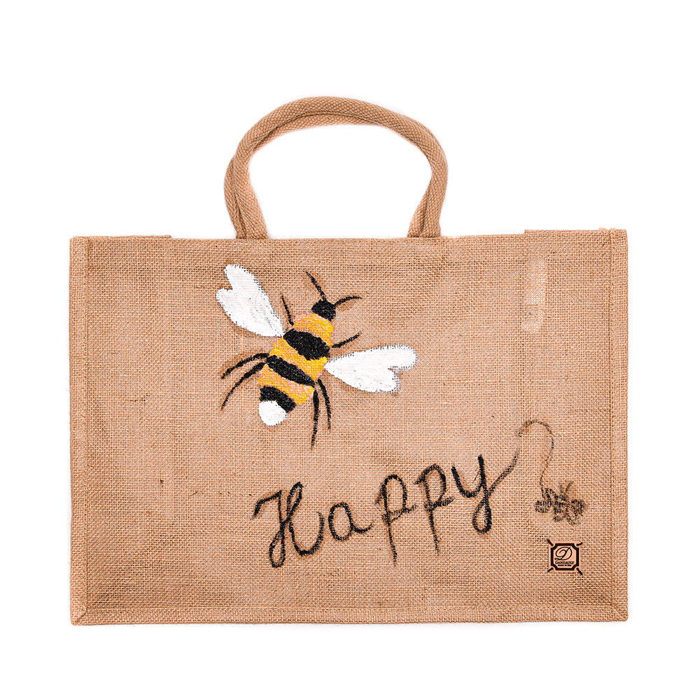 Bee Happy Hand-Painted Jute Tote